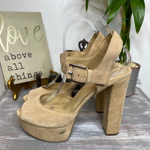 MICHAEL Michael Kors tan leather adjustable ankle strap block heels 9.5M - Picture 2 of 11